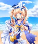  1girl bag bangs barbara_(genshin_impact) barbara_(summertime_sparkle)_(genshin_impact) beach blonde_hair blue_eyes blue_sky blue_swimsuit blurry chao_ciyuan_hai_meng_xing choker cloud cloudy_sky collarbone commentary_request depth_of_field detached_sleeves duck_print flower genshin_impact hair_between_eyes hand_on_hip handbag hat hat_flower hat_ornament hat_ribbon highres horizon leaning_forward long_hair long_sleeves looking_at_viewer ocean official_alternate_costume one-piece_swimsuit pointing pointing_at_viewer ribbon sailor_collar sidelocks sky smile solo swimsuit twintails 