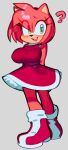  amy_rose anthro big_breasts blush breasts clothing dress eulipotyphlan female footwear fur green_eyes grey_background hands_behind_back hedgehog mammal open_mouth open_smile pink_body pink_fur sega shoes simple_background smile solo sonic_the_hedgehog_(series) wamudraws 