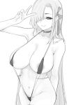  1girl areola_slip asuna_(blue_archive) bangs berserkert blue_archive blush breasts choker greyscale hair_ribbon highres large_breasts long_hair looking_at_viewer monochrome ribbon simple_background slingshot_swimsuit solo swimsuit v very_long_hair 