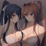  2girls asymmetrical_docking black_hair bra breast_press breasts brown_hair closed_mouth hair_intakes kantai_collection kasumi_(skchkko) large_breasts long_hair looking_at_viewer multiple_girls open_mouth ponytail red_eyes simple_background sunlight underwear very_long_hair yahagi_(kancolle) yamato_(kancolle) yellow_eyes 