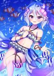  1girl :d air_bubble armlet bangs bikini bracelet bubble commentary_request detached_sleeves fish flower frilled_bikini frills hair_between_eyes hair_flower hair_ornament highres jewelry kokkoro_(princess_connect!) looking_at_viewer navel ocean official_alternate_costume princess_connect! purple_eyes reaching_out short_hair short_sleeves sidelocks smile stomach swimsuit syurimp thighlet underwater white_hair 