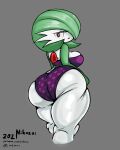 absurd_res big_breasts big_butt bra breasts butt clothing eyelashes female gardevoir green_body green_hair grey_background hair heart_print heart_print_underwear hi_res huge_butt humanoid looking_at_viewer looking_back looking_back_at_viewer nikozoi nintendo one_eye_obstructed open_mouth panties pok&eacute;mon pok&eacute;mon_(species) purple_bra purple_clothing purple_panties purple_underwear rear_view red_eyes side_boob simple_background solo thick_thighs underwear video_games white_body wide_hips 