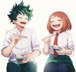  1boy 1girl boku_no_hero_academia bowl brown_hair chopsticks closed_eyes eating food food_on_face freckles green_hair green_pants green_skirt highres laughing midoriya_izuku necktie open_mouth pants pantyhose reallyveverka rice rice_bowl school_uniform shirt short_hair simple_background sitting skirt solo sunlight uraraka_ochako white_background white_shirt 