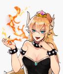  1girl 3o_c bad_id bad_pixiv_id bangs blonde_hair blush bowsette breasts eyebrows_behind_hair fire hair_between_eyes highres horns long_hair looking_at_viewer mario_(series) off_shoulder open_mouth pointy_ears smile solo tongue tongue_out upper_body 