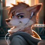  1:1 2021 anthro black_nose blue_eyes blurred_background brown_hair canid canine clothed clothing digital_media_(artwork) fox hair headphones hi_res looking_at_viewer male mammal smile solo waynlag 