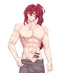  1boy abs bar_censor censored diluc_(genshin_impact) genshin_impact hair_between_eyes highres long_hair male_focus muscular muscular_male nipples penis ponytail red_eyes red_hair rourouki scar scar_on_arm scar_on_chest scar_on_stomach smile testicles towel towel_around_waist 