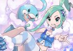  1girl altaria arm_warmers blue_choker blush choker collarbone earrings eyelashes fu_(tk1189227dhy) green_eyes green_hair hair_ornament jewelry lisia_(pokemon) looking_at_viewer navel pokemon pokemon_(creature) pokemon_(game) pokemon_oras showgirl_skirt single_thighhigh smile sparkle striped striped_legwear teeth thighhighs 