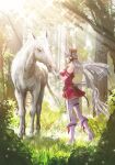  1girl animal_ears bangs blunt_bangs brown_headwear commentary_request day dress ear_bow ear_covers forest gold_ship_(racehorse) gold_ship_(umamusume) grey_hair horse_ears horse_girl horse_tail long_hair nature outdoors pillbox_hat purple_eyes red_dress standing tail umamusume umayasu 