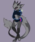  anthro arlo_(amazingcanislupus) big_tail black_sclera bottomwear clothed clothing crop_top_hoodie dragon fluffy fur furred_dragon girly grey_body grey_fur hair hair_over_eye hi_res horn hotpants lamekun lgbt_pride looking_at_viewer male nardoragon neck_tuft one_eye_obstructed red_eyes shorts solo standing tail_tuft tongue tongue_out tuft 