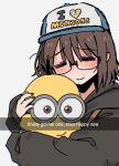  1girl baseball_cap black_hoodie blush brown_hair despicable_me english_text glasses hair_behind_ear hat highres holding holding_stuffed_toy hood hoodie minion_(despicable_me) original portrait smile snale snapchat solo stuffed_toy white_background 