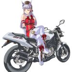  1girl ;) animal_ears bangs blunt_bangs boots brown_headwear crossed_legs gloves gold_ship_(umamusume) grey_hair ground_vehicle hal-py horse_ears horse_girl long_hair looking_at_viewer motor_vehicle motorcycle one_eye_closed pillbox_hat red_eyes simple_background sitting smile solo umamusume white_background white_footwear white_gloves white_legwear yamaha 