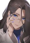  1girl alios_arvin blue_eyes brown_hair earrings glasses highres inoue_iris_(sdustz) jewelry long_hair long_sleeves looking_at_viewer mole mole_under_eye multicolored_hair nail_polish original ring solo streaked_hair turtleneck white_background 