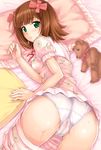  amami_haruka ass bed bow brown_hair cameltoe from_above green_eyes hair_bow hidebou idolmaster idolmaster_(classic) idolmaster_1 looking_back looking_up pajamas panties pants_pull pillow pink pussy_juice pussy_juice_stain short_hair solo stuffed_animal stuffed_toy teddy_bear top-down_bottom-up trefoil underwear wet wet_clothes wet_panties white_panties 