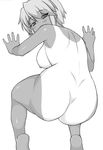  all_fours ass breasts greyscale kotonomiya_yuki large_breasts looking_back monochrome one-piece_tan shichimenchou solo suigetsu tan tanline 