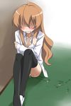  after_sex aisaka_taiga angry blush brown_hair crossed_arms cum cum_in_pussy long_hair no_panties nude shirt shoes single_shoe sitting solo tears thighhighs toradora! youkan 