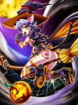  animal_ears arm_warmers ass bad_id bad_pixiv_id blue_hair broom broom_riding candy cat_ears cat_tail censored crotch_rub earrings elbow_gloves food gloves hat jewelry licking lollipop moon neko_coon no_panties original pumpkin pussy_juice short_hair solo striped striped_legwear tail tattoo thighhighs tongue witch_hat yellow_eyes 