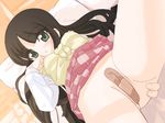  aran_sweater bandaid bandaid_on_pussy black_hair blush bottomless breasts checkered checkered_skirt dutch_angle gad_guard green_eyes houmitsu long_hair looking_at_viewer medium_breasts partially_visible_vulva shinozuka_arashi skirt skirt_lift solo spread_legs sweater tareme upskirt very_long_hair 