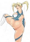  anus ass blonde_hair blue_eyes blue_leotard blush boots bottomless breasts champ+ from_below knee_pads large_breasts leotard looking_down no_mask open_mouth pubic_hair pussy rainbow_mika solo spandex street_fighter twintails uncensored wrestler 