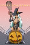  blush breasts broom cleavage copyright_request dark_skin detached_sleeves food_themed_hair_ornament glasses gradient gradient_background green_eyes grey_background haganemaru_kennosuke hair_ornament halloween happy_halloween hat highres jack-o'-lantern large_breasts long_hair no_panties nude pink_background pointy_ears pubic_hair pumpkin pumpkin_hair_ornament sitting solo spread_legs thighhighs very_long_hair witch_hat 