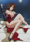  absurdres breasts brown_hair city cleavage cross dress eclair_(kiddy_grade) elbow_gloves gloves gun highres inoue_takuya jewelry kiddy_grade large_breasts long_hair moon night non-web_source solo third-party_edit very_long_hair watch weapon wristwatch yellow_eyes 