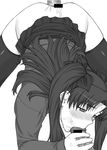  anal back black_legwear blush censored cum cum_in_mouth empty_eyes fate/stay_night fate_(series) fellatio gangbang greyscale group_sex hair_ribbon monochrome no_panties oral penis ribbon sex shichimenchou skirt skirt_lift spitroast thighhighs toosaka_rin two_side_up 