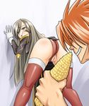  1girl ass bent_over blue_eyes brown_hair censored corn from_behind long_hair looking_back luke_fon_fabre mosaic_censoring pussy shunzou tales_of_(series) tales_of_the_abyss tear_grants thighhighs 