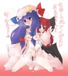  blush breasts hat head_wings koakuma medium_breasts mukyuu multiple_girls naik patchouli_knowledge pussy pussy_juice spread_pussy tears touhou translated 