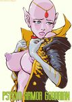  bald bald_girl blush breasts gloves green_eyes large_breasts lowres nipples open_clothes open_shirt oprince pink_skin pointy_ears psycho_armor_govarian puffy_nipples shirt solo 
