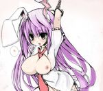  animal_ears bdsm blush bondage bound breasts bunny_ears chain cuffs heart highres large_breasts long_hair necktie open_clothes open_mouth open_shirt purple_hair red_neckwear reisen_udongein_inaba shirt solo suzume_miku sweat tears thighhighs touhou 