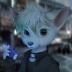  2022 5_fingers anthro black_nose blurred_background canid canine claws clothed clothing day digital_media_(artwork) fingers fox fur green_eyes hair hi_res looking_at_viewer male mammal outside solo waynlag whiskers 