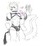  2022 anthro big_tail biped black_clothing black_eyebrows black_harness black_nose black_underwear blue_eyes blue_nipples blue_scar bulge clothing collar dialogue ear_tuft eyebrows fluffy fluffy_tail glitchedskunk harness male mammal mephitid monty_(glitchedskunk) nipples pooltoyz_(artist) portrait simple_background sketch skunk solo sparkles spiked_collar spikes tan_sclera three-quarter_portrait trans_(lore) trans_man_(lore) tuft underwear white_background white_body 