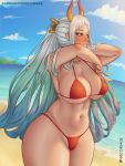  1girl beach bikini bikini_under_clothes breasts clothes_lift cloud cloudy_sky cowboy_shot ecchisage gradient_hair green_hair horns japanese_clothes large_breasts lips long_hair midriff multicolored_hair navel ocean one_piece orange_eyes patreon_username red_bikini shirt_lift sky swimsuit thick_thighs thighs twitter_username undressing very_long_hair white_hair wide_hips yamato_(one_piece) 