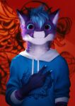  2022 5_fingers anthro blue_hair blurred_background clothed clothing digital_media_(artwork) fingers fur hair hi_res looking_at_viewer male purple_body purple_eyes purple_fur smile waynlag white_body white_fur 