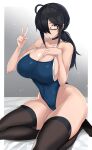  1girl absurdres bangs black_choker black_hair black_legwear blue_swimsuit blush breasts choker cleavage closed_mouth collarbone covered_navel glasses gradient gradient_background grey_background hair_over_one_eye hand_on_own_chest hand_up highres large_breasts long_hair maruyaa_(malya1006) one_eye_covered original red_eyes solo swimsuit thighhighs thighs v 