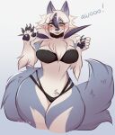  anthro bikini breasts bunnywhiskerz canid canine canis chest_tuft clothed clothing female fur lycanroc maku_(maku450) mammal multicolored_body multicolored_fur nintendo pok&eacute;mon pok&eacute;mon_(species) pubes solo swimwear tuft two_tone_body two_tone_fur video_games wide_hips wolf 