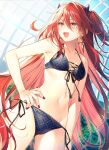  1girl bikini black_bikini breasts character_request cleavage commentary_request fang fingernails hand_on_hip long_hair looking_away medium_breasts midriff navel open_mouth red_nails seiken_gakuin_no_maken_tsukai seiken_maken solo stomach swimsuit very_long_hair yellow_eyes 