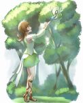 1girl arms_up bare_shoulders blue_flower brown_eyes brown_footwear brown_hair bush celebi commentary_request detached_sleeves flower from_side full_body gladiator_sandals grass green_skirt highres knees long_hair looking_up lyra_(pokemon) mintz912 official_alternate_costume open_mouth outdoors pokemon pokemon_(creature) pokemon_(game) pokemon_masters_ex sandals shirt skirt smile standing tree twintails 