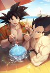  2boys bara beach black_hair bracelet cloud day dragon_ball food highres holding holding_spoon jewelry large_pectorals looking_at_viewer male_focus minor_(minor2730) multiple_boys muscular muscular_male open_clothes open_mouth open_shirt outdoors pectorals shaved_ice shirt short_hair sky smile son_goku spiked_hair spoon sweat sweatdrop topless_male utensil_in_mouth v vegeta watch wristwatch 