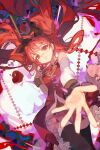  1girl apple arrow_(projectile) bangs black_legwear blurry blurry_foreground ciloranko commentary_request dress dutch_angle food fruit highres long_hair looking_at_viewer lying mahou_shoujo_madoka_magica open_mouth reaching_out red_apple red_dress red_eyes red_hair solo 