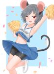  1girl alternate_costume animal_ears arm_up armpits bangs bike_shorts black_shorts blue_background blue_skirt blush border cheerleader clothes_writing confetti dakuazu grey_hair highres holding holding_pom_poms leg_up looking_at_viewer midriff mouse_ears mouse_tail navel nazrin one_eye_closed outside_border pom_pom_(cheerleading) red_eyes shirt short_hair shorts simple_background skirt solo tail touhou underwear white_border white_footwear white_shirt 