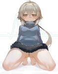  1girl ahoge ass_visible_through_thighs bandaid bandaid_on_face bandaid_on_nose bandaid_on_pussy bangs barefoot blush bottomless brown_eyes brown_hair closed_mouth dokomon full_body fur-trimmed_jacket fur_trim girls&#039;_frontline grey_jacket hair_between_eyes highres hs2000_(girls&#039;_frontline) jacket long_hair looking_at_viewer low_ponytail ponytail shadow solo thighs very_long_hair white_background 