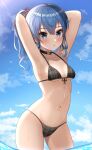  1girl :o absurdres arms_behind_head arms_up bangs bikini black_choker blue_eyes blue_hair blue_sky blush breasts choker cloud contrapposto day earrings grey_bikini highres hip_focus hisui_(user_zvkr2432) hololive hoshimachi_suisei jewelry looking_at_viewer navel outdoors parted_lips plaid plaid_bikini ponytail sidelocks skindentation sky small_breasts solo star_(symbol) star_earrings star_in_eye stomach sunlight swimsuit symbol_in_eye underboob virtual_youtuber wading wavy_hair wet 