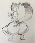  anthro big_butt butt butt_grab domestic_cat eating eating_food felid feline felis fluffy fluffy_tail food fruit hand_on_butt hi_res huge_butt looking_back male mammal peach_(fruit) pikapika212 plant solo traditional_media_(artwork) zapzap 