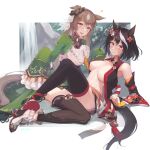  2girls ? absurdres ahoge animal_ears ascot bangs bare_shoulders black_hair black_legwear blush boots breast_grab breasts breasts_apart brown_ascot brown_eyes brown_hair brown_legwear detached_sleeves ear_ribbon eliskalti floral_print frilled_shirt frilled_sleeves frills grabbing hair_between_eyes high_heel_boots high_heels highres horse_ears horse_girl horse_tail jacket kitasan_black_(umamusume) kouhaku_nawa large_breasts long_hair long_sleeves looking_at_viewer lying multicolored_hair multiple_girls no_bra on_back open_clothes open_jacket red_eyes red_footwear rope round_teeth satono_diamond_(umamusume) shimenawa shirt short_hair sitting sleeveless sleeveless_jacket sleeves_past_fingers sleeves_past_wrists streaked_hair tail teeth thighhighs umamusume wet white_footwear white_hair white_shirt yuri 