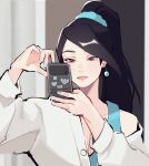  1girl bangs black_hair blue_tank_top breasts brown_eyes cleavage collarbone earrings expressionless highres holding holding_phone hyoon_(sockgyu) jewelry off_shoulder phone ponytail sage_(valorant) solo sweater tank_top valorant white_sweater 