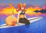  4_fingers absurd_res accessory anthro bikini black_bikini black_clothing black_swimwear bottomwear braixen breasts canid canine cleavage clothed clothing detailed_background digital_media_(artwork) english_text female fingers fire flower flower_in_hair fur hair hair_accessory half-closed_eyes hi_res inner_ear_fluff mammal midriff nanokindred narrowed_eyes navel nintendo outside plant pok&eacute;mon pok&eacute;mon_(species) red_eyes red_hair sea seaside sky solo stick sunset surfboard swimwear text text_on_bottomwear text_on_clothing text_on_topwear topwear tuft vehicle video_games water watercraft yellow_body yellow_fur 