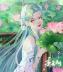  1girl absurdres bead_bracelet beads blue_eyes blue_hair bracelet douluo_dalu earrings from_side hair_ornament highres jewelry leaning_on_rail lily_pad long_hair railing second-party_source smile solo taixin_bo_jin_xiao_cheng_long tang_wutong_(douluo_dalu) water 