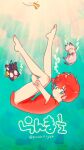  air_bubble barefoot bird bubble cat duck full_body green_eyes highres hugging_own_legs legs looking_at_viewer mousse_(ranma_1/2) p-chan pig punch121ykk ranma-chan ranma_1/2 red_hair shampoo_(ranma_1/2) twitter_username underwater water 