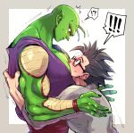  ! !! !? 2boys bara between_pectorals black_hair blush bobojobobo colored_skin couple dougi dragon_ball face_to_pecs glasses green_skin head_between_pecs highres hug large_pectorals looking_at_another male_focus multiple_boys muscular muscular_male namekian pectorals piccolo pointy_ears shirt short_hair simple_background son_gohan spiked_hair upper_body white_shirt yaoi 