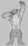  2022 5_fingers 5_toes animal_genitalia anthro armpit_hair balls big_balls body_hair claws eyes_closed fangs feet felid fingers fluffy fluffy_chest fully_sheathed fur genitals hi_res male mammal monochrome muscular nude open_mouth penis rorik_ironwill sheath snowskau solo standing stretching tetton toes yawn 